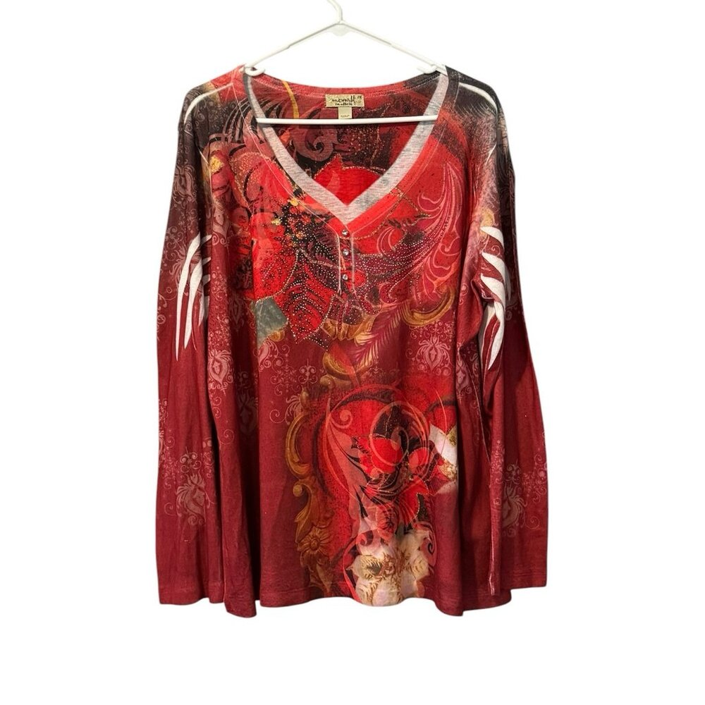 One World Live And Let Live‎ Woman Size 2X Colorful Sweater Blouse Gems Colorful